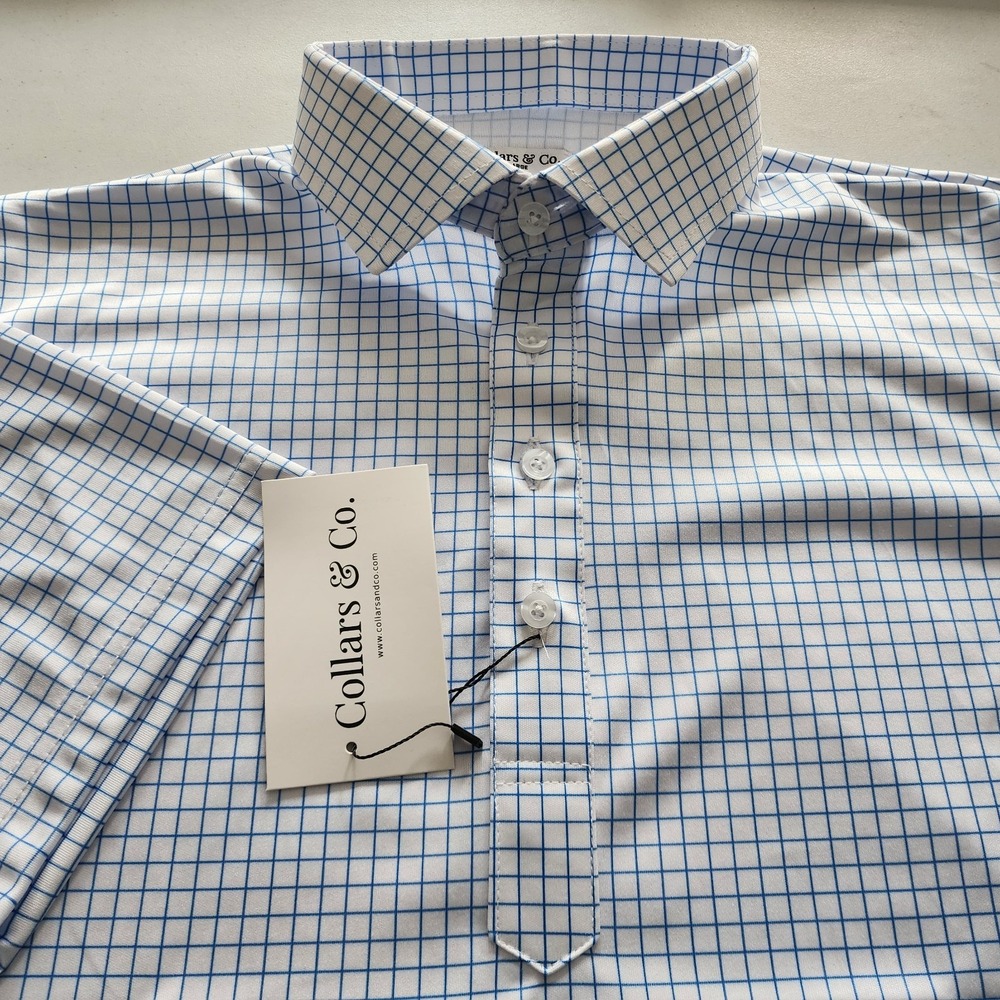 Collars & Co Polo Shirt Mens Size 3XL Relaxed Blue Check Plaid Semi Spread NEW